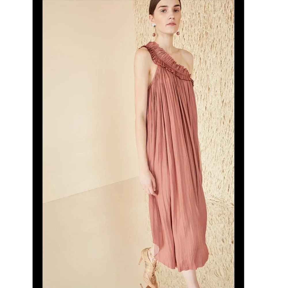 Ulla Johnson Womens One Shoulder Plisse Pleated Ruffle Midi Dress Rose Pink Sz 4